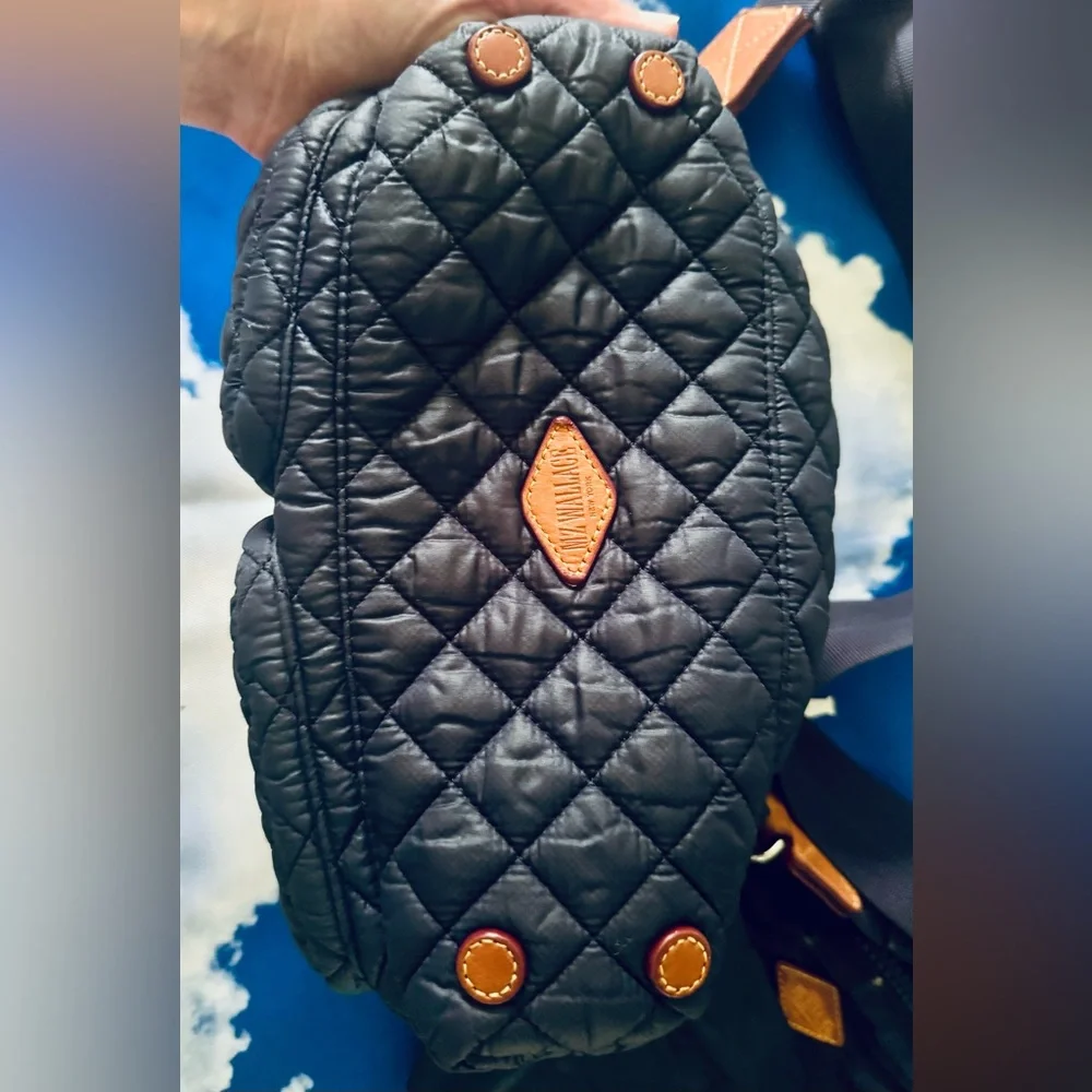 MZ Wallace Black Quilted Nylon Crossbody Bag with Brown Leather Accents